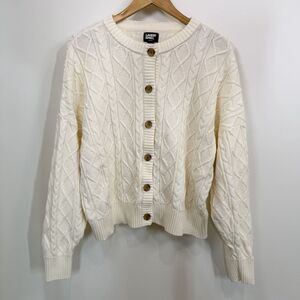 Lands End Drifter Cardigan Women XL Cream Cable Knit Button Up Sweater Fisherman